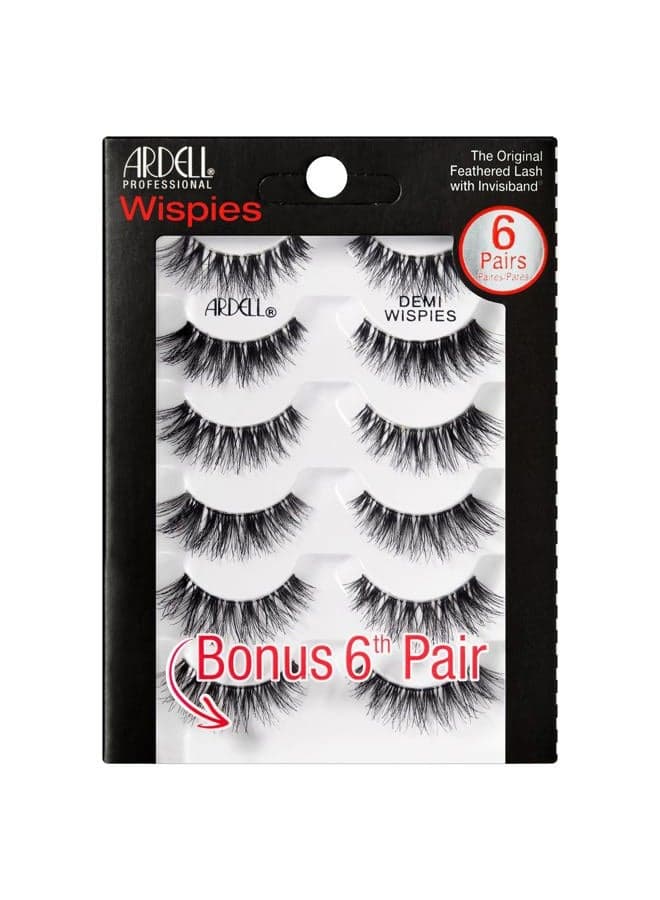 Demi Wispies Eyelashes - Black, The Original Feathered Lash Demi Lashes, Reusable Invisiband Strip Lashes, 6 Pairs, 1 Pack