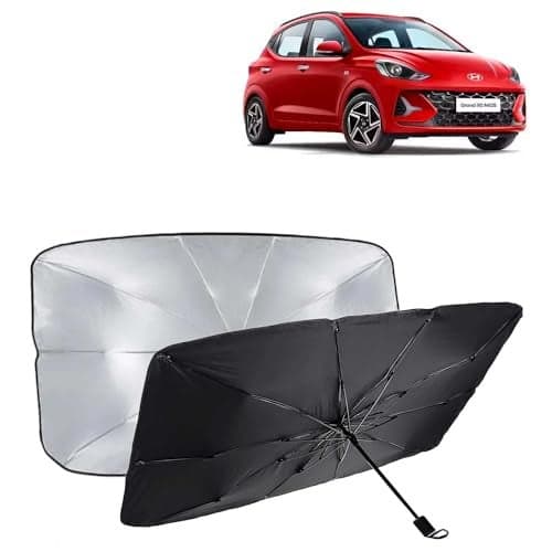 KINGSWAY® Car Sun Shade UV Protection Windshield Cover Compatible with Hyundai Grand I10 Nios, (Year 2023 Onwards), Universal Fit Umbrella Curtain for Front Window, Rear Window, Black, 1 Piece