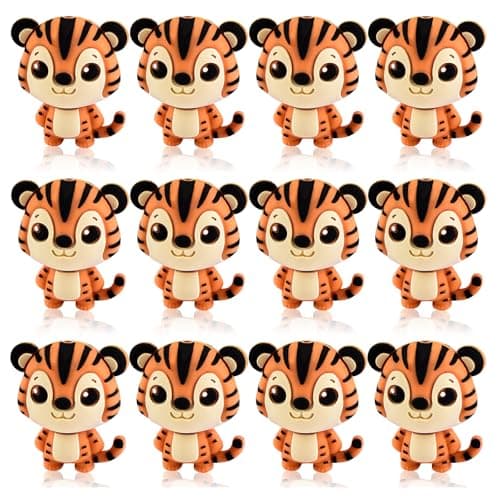 WOZADU 12 PCS 3D Tiger Silicone Focal Beads for PensAnimal Focal Beads Bulk for Keychain Bracelet Necklace MakingHandmade Crafts Supplies