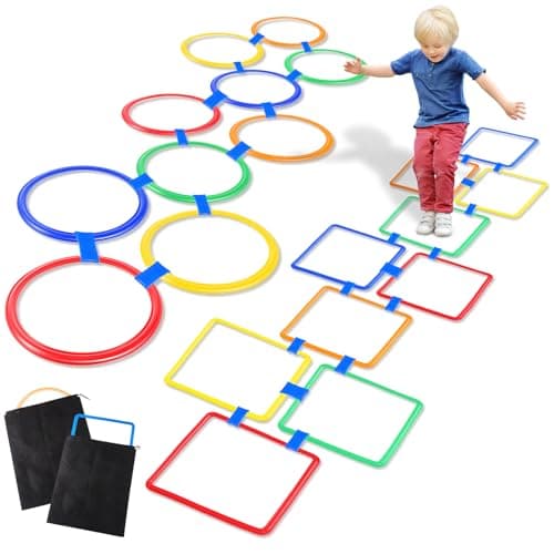 Woanger 2 Sets of Hopscotch Outdoor Squares 20 Pcs Hopscotch Ring Game with 30 Pcs Connectors Outdoor Indoor Obstacle Course for Kids Playground Agility Training11 Inch 15 Inch Classic Style