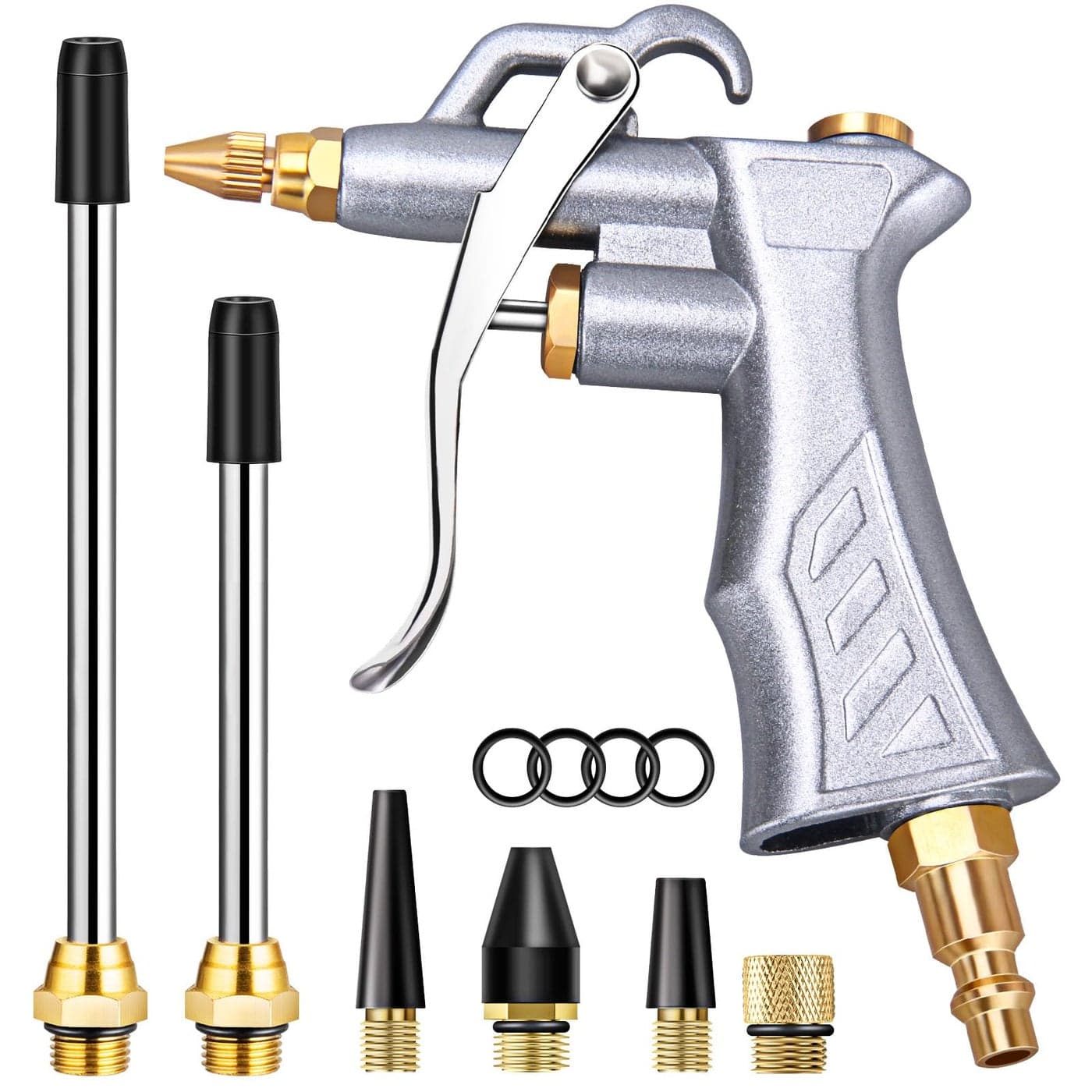 JASTIND Industrial Air Blow Gun with Brass Adjustable Air Flow Nozzle and 2 Steel Extension, Pneumatic Air Compressor Accessory Tool Dust Cleaning and Blower Gun