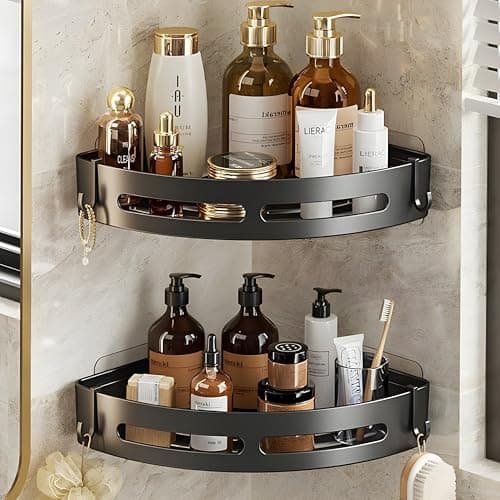 MorivaHomes Self-Adhesive Wall-Mount Bathroom Corner Shelf Rack Organizer Storage Shelves Holder/Accessories (Black, Pack of 2), Plastic