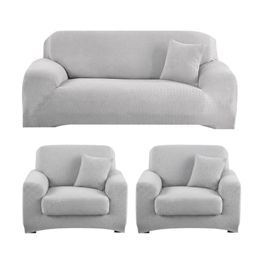 B BESTILO Sofa Cover 3 Seater and 2 Seater Fully Covered Universal 5 Seater Sofa Cover Non-Slip Sticky Elastic Stretchable Sofa Set Imported Slipcover Protector (Grey Emboss, Five Seater (3+1+1))