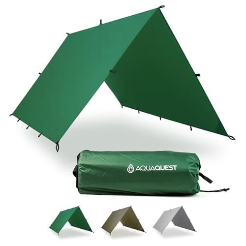 AquaQuest Guide Tarp – Ultralight Waterproof (5,000 mm) Seam‑Taped 40D Ripstop Rain Fly for Backpacking, Stealth Camping & Thru‑Hiking – 10×7 Forester Green