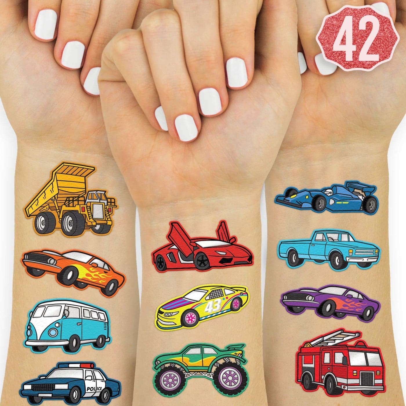 xo Fetti Cars and Trucks Temporary Tattoos for Kids 42 Foil style Birthday Party Supplies Race Car Party Favors Construction Decor
