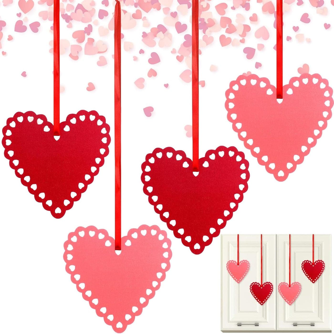 Syhood 4 Pcs Valentiness Day Cabinet Heart Decor 83 Inch Big Felt Hanging Pink Red Ornament Valentines Heart Shaped Decor for Kitchen Door Porch Wall Window Chair Party Supply