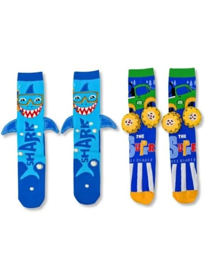 Kids 3D Novelty Knee-High Socks – 2 Pair Pack (Shark & Monster Truck) – Fun Character Socks with 3D Fins & Wheels – Soft, Stretchy & Comfortable Socks for Boys & Girls