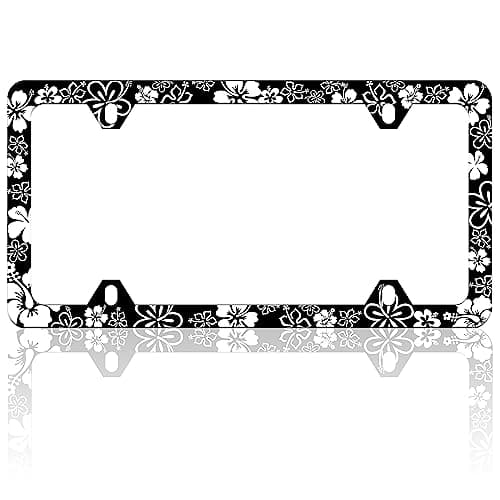 Black and White Hibiscus Flower License Plate Frame Hawaii Floral License Plate Frames Funny Auto Accessory Bracket Stainless Steel License Plate Holder with Screws for Women Men 6x12 Inch 4 Holes