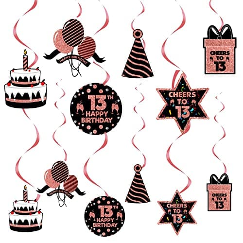 Party Propz Cardstock 13th Birthday Decorations for Girl - Set of 12 Rose Gold Happy Celebration Swirls and Cutouts for Kids