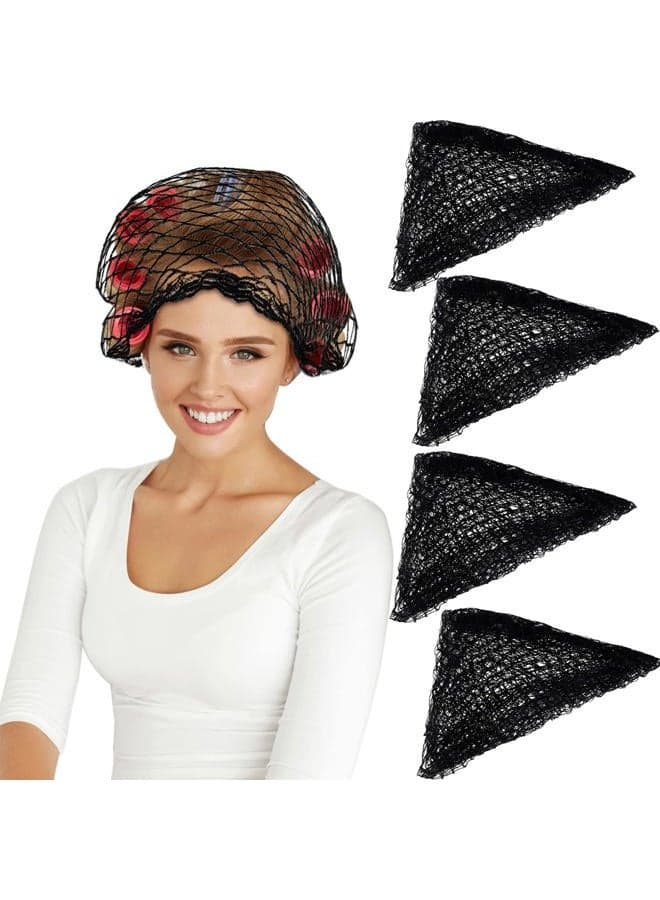 Cotton Triangle Hair Net for Rollers, Women Mesh Hair Net Setting for Sleeping, 35 x 35 x 57 Inches, Black (4)
