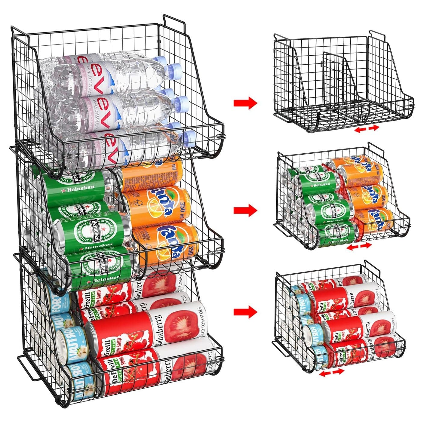Stacking Can Dispensers 3 Tier with 3 Divider, Large Pantry Can Organizer, Beverage Drink Pop Soda Can Storage Basket, Can Holders for Pantry, Canned Food Rack Wire Bins for Kitchen Cabinet (3-Pack)
