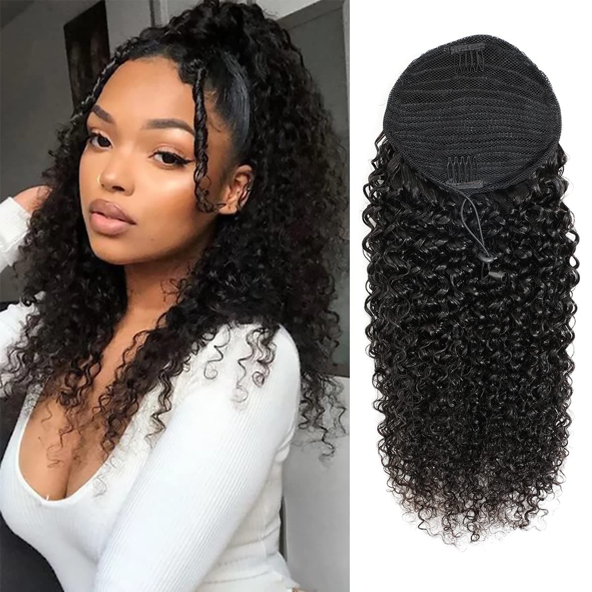 Afro Puff Drawstring Ponytail Human Hair Bun Human Hair Drawstring Ponytail Extension for Black Women Brazilian Kinky Curly Clip in Ponytail Extension Human Hair Pieces Natural Color 20 Inch
