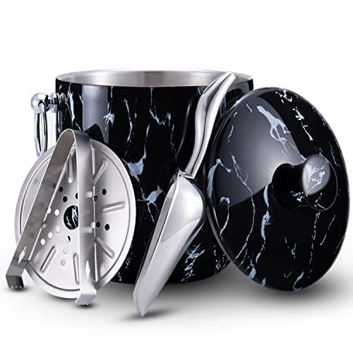 Ice Bucket with Lid Scoop Tongs and Strainer Well Made Insulated Stainless Steel Keep Ice Frozen Longer Ideal for Cocktail Bar Parties Chilling Wine Champagne 3 Liter Black Marble