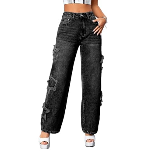 Womens Trendy High Waist Wide Leg Y2K Jeans Aesthetic Star Pants Teen Girls Boyfriend Loose Fit Star Embroidery Jeans Black