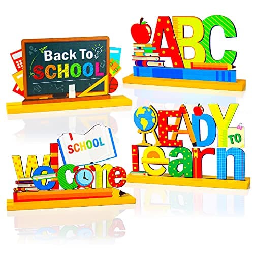 4 Pieces Back to School Party Decorations Wooden First of School Centerpieces Ready to Learn Table Toppers for School Classroom Home Teacher Party Favor Supplies Photo Booth Props