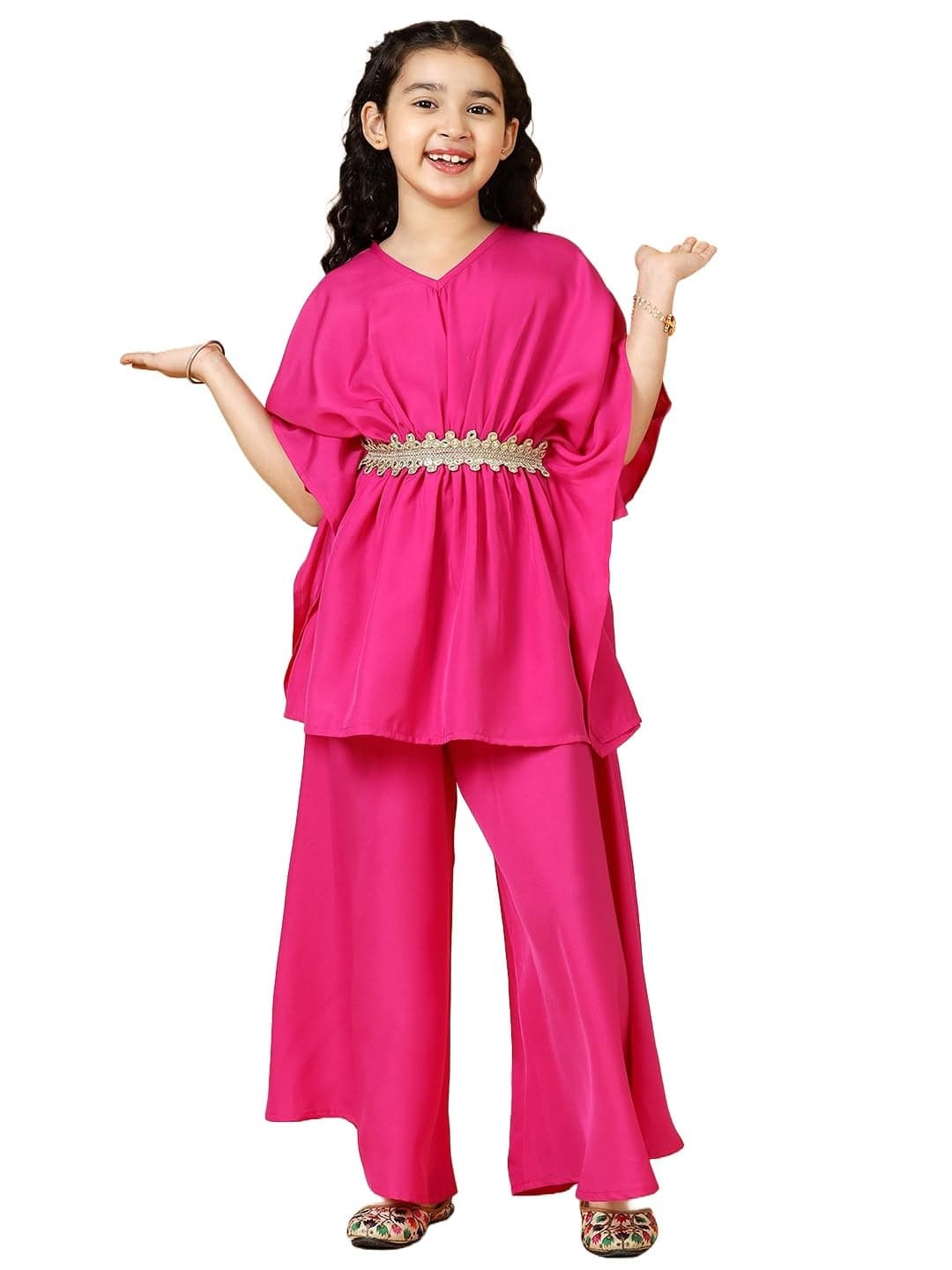 A.T.U.N. (ALL THINGS UBER NICE) Girls Solid Polysilk Fuchsia Kaftan with Flared Pant Set