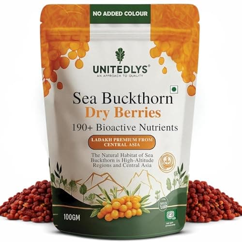 Unitedlys Himalayan Sea Buckthorn Berry 100g | Sun-Dried, Natural & Unsweetened | Rich in Omega 3 6 7 9, Vitamin C & E | Dried Sea Buckthorn Berry for Skin, Immunity, Gut & Heart | No Preservatives