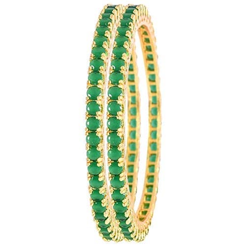 Ratnavali Jewels Beautiful CZ/AD Studded Gold Plated Traditional Green Emerald American Diamond Bangles Set for Women/Girls