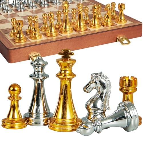 BIVOMON Metal Chess Set for Adults Kids 12 Folding Wooden Chess Board with Metal Chess Pieces Handcrafted Portable Travel Chess Sets Game for Beginner Professional Weighted NonMagnetic