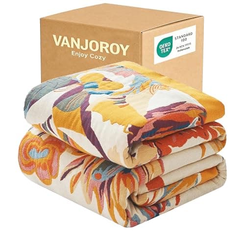 VANJOROY King Extra Large Boho Throw Blanket Oversized 91 x 108 100 Organic Cotton Soft Bed Throw Floral Bird Butterfly Pattern Farmhouse Blanket for Couch Sofa Chair and Gift