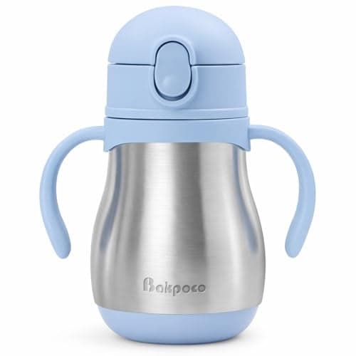 Bakpoco Stainless Steel Straw Sippy Cup for Toddlers 13 Years Old Insulated Toddler Water Bottle Baby Training Tumbler with Handles 8oz Kids Straw Cups for Travel Daycare At Home Blue