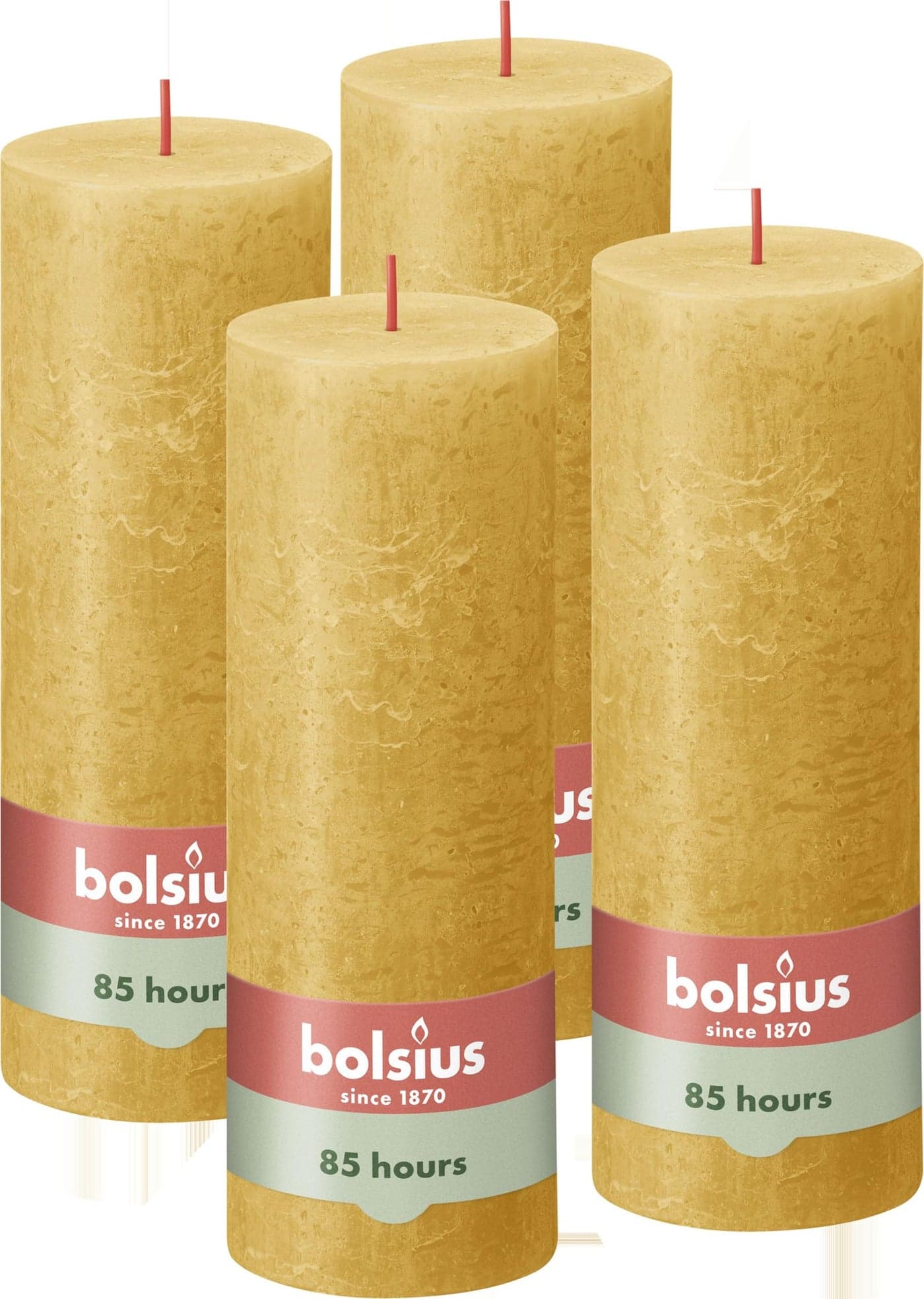 Bolsius Rustic Pillar Candle Yellow Pack of 4 Long Burning Time of 85 Hours Household Candle Interior Decoration Unscented Natural Vegan Wax No Palm Oil 19 x 7 cm