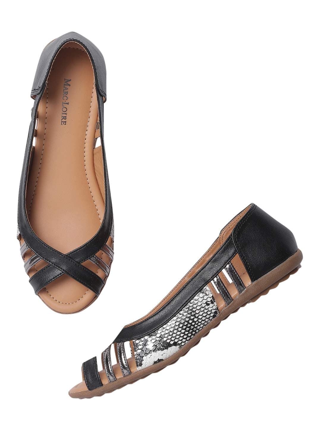 Marc Loire Women's Black Peep Toe Slip-On Flats Ballerina Shoes, 4 UK