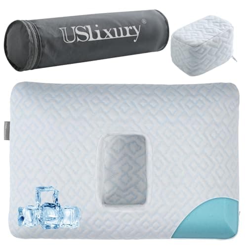 USlixury Ear Piercing Pillow with Foam Plug Ear Pillow with Off Center and 47X32 Hole Soft CertiPURUS Memory Foam Cooling Piercing Pilow for Side Sleepers Traveling 16X11X4