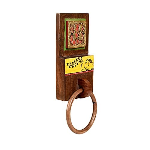 Aakriti Art Creations Art Fusion Wooden Towel Holder | Yellow Elephant Towel Hanger | Handcrafted Dhokra Madhubani Inspired Towel Holder | Matte Finish Natural Wall Mounted