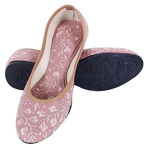 DFR Woman Comfortable Cushioned Ethnic Embroidered Rajasthani Punjabi Style Mojari Jutti Juti for Women Fancy Bellies Shoe, Color: PINK3 | UK Size 8