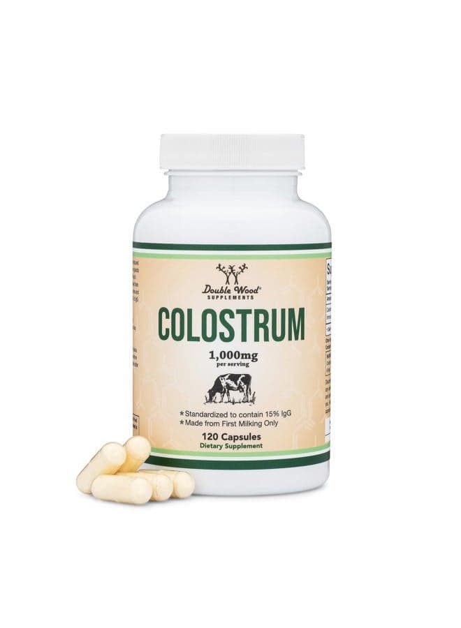 Colostrum Supplement 120 Capsules, 1,000mg per Serving (Bovine Colostrum Powder from First Milking Only, Std. to Contain 15% IgG Immunoglobulins) No Fillers, Third Party Tested by Double Wood