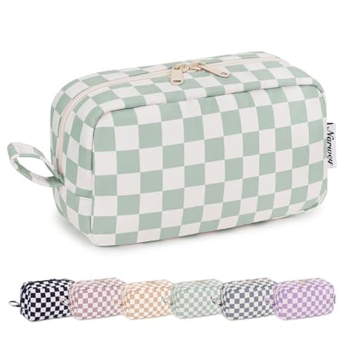 Narwey Checkered Makeup Bag Travel Cosmetic Bag Organizer Small Toiletry Bag Make Up Bags with Comparments for Women and Girls, Gift for Teen Girls (Mint Green Checkerboard, Large)