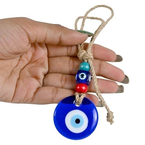 LINENSUTRA® Handmade Turkish Evil Eye Blue Glass Hanging for Good Luck Prosperity Zodiac Success Health Wealth Office Home Decor & Car (Multi Blue)