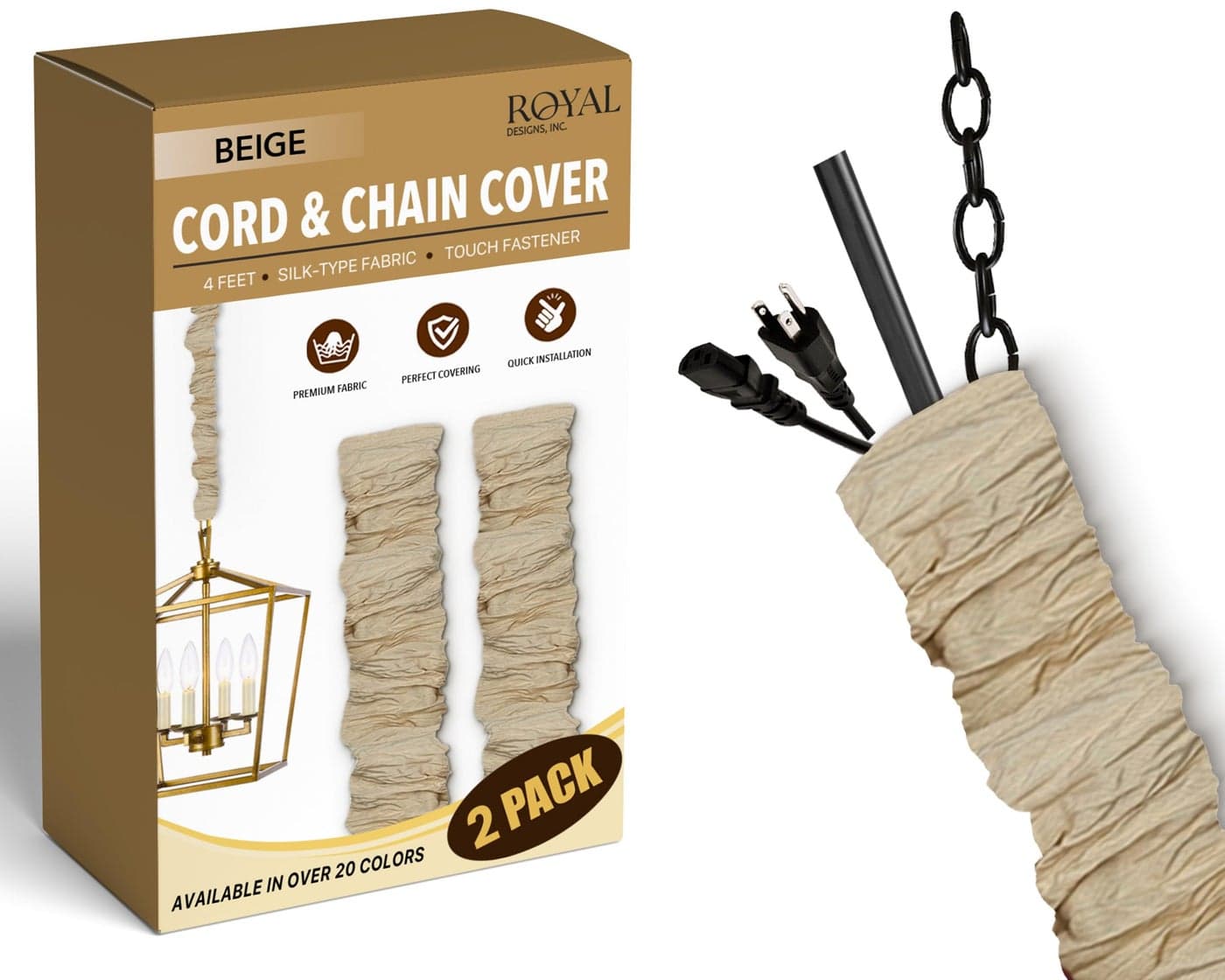 RDI Cord & Chain Cover 4 feet Silk Type Fabric, Chandelier Pendant Lighting Chain & Cable Management, Touch Fastener, Beige - 2 Pack