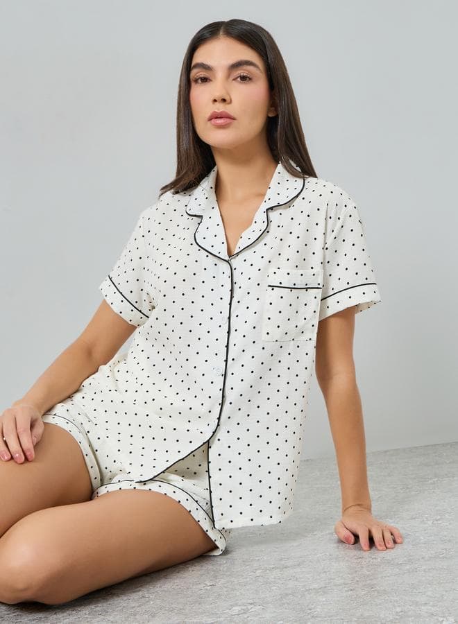 White Polka Dot Buttoned Shirt and Shorts Set