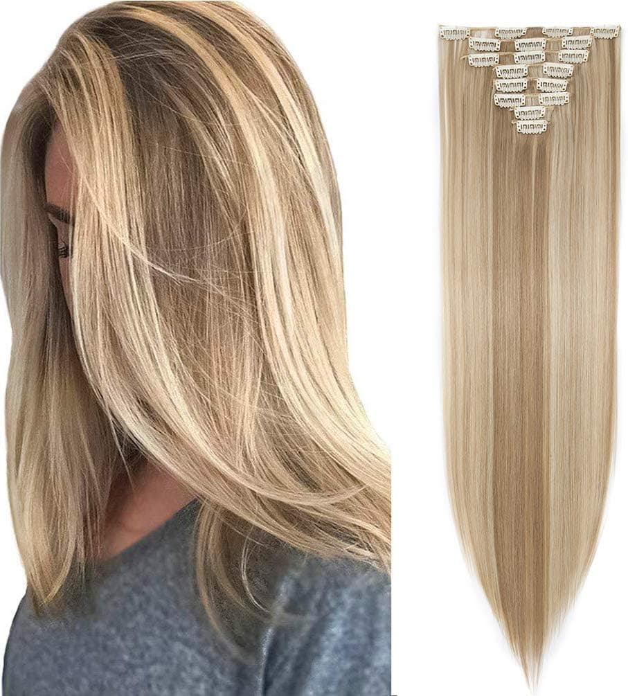 26 Long Straight Clip in Hair Extensions Full Head 8Pcs 18Clips Ombre Colorful Synthetic Hair Clip in Hairpiece Sandy Blonde mix Bleach Blonde