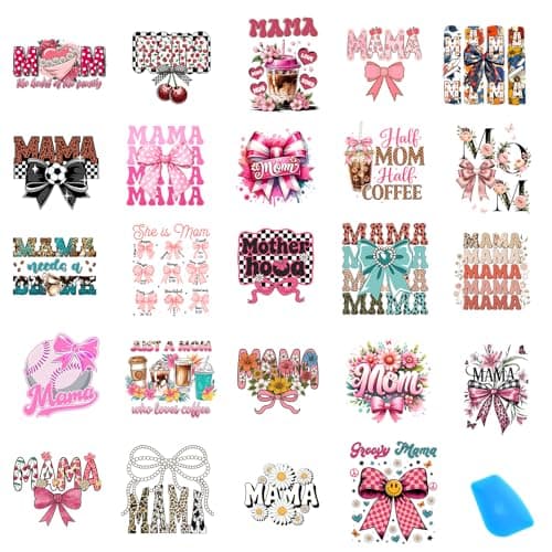 Mom UV DTF Cup Wraps 24 Sheets Pink Bows UVDTF Stickers for 16 OZ Glass Cups Waterproof Rub On Transfers for Water Bottles Mugs DIY Mothers Gifts