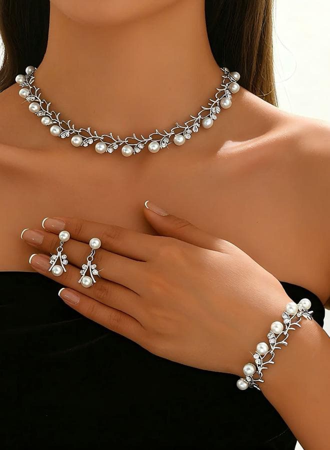 3-Piece Embellished Faux Pearl Necklace, Bracelet and Earrings Jewelry Set
