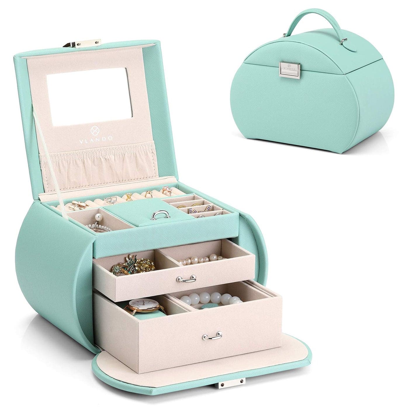 Vlando Princess Style Jewelry Box for Girls Jewelry Box Girls 12-14 3-Layer Kids Jewelry Box with Mirror Little Girls Jewelry Box 8-12 Christmas Gift for Teens Girls (Mint Green)