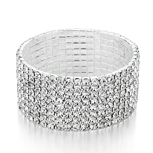 Zealmer 8 Row Rhinestone Bracelet for Women Glitter Wide Bracelet Silver for Braidal Bride Wedding 7 Inches