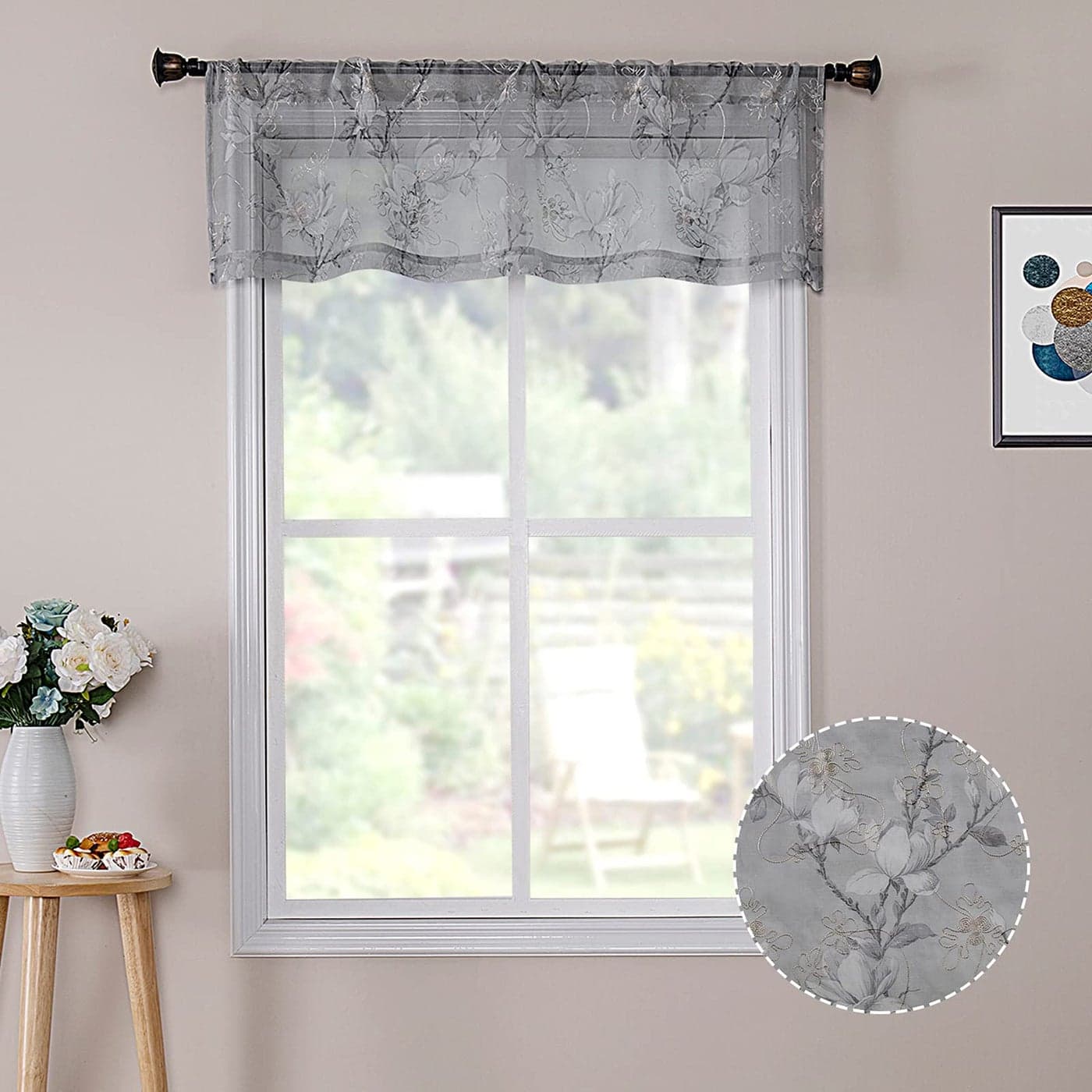 Tollpiz Floral Grey Sheer Valance Curtains Flower Print Vine Embroidery Bedroom Curtain Valances Rod Pocket Voile Window Curtains for Living Room 54 x 16 inches Long Set of 1 Panel