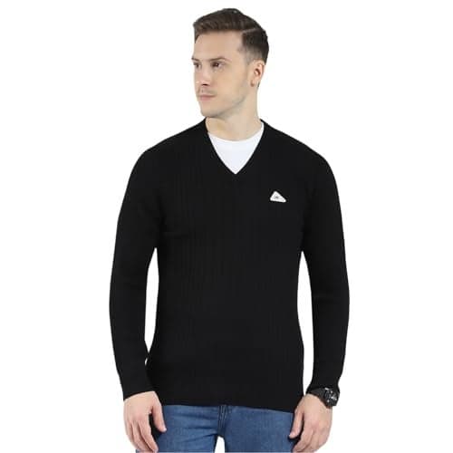 Monte Carlo Men's Wool Full Sleeves Sweater | V-Neck | Regular Fit| Solid Pattern |Warm & Stylish Pullover Cardigan for Men Black 3XL (Pack of 1)