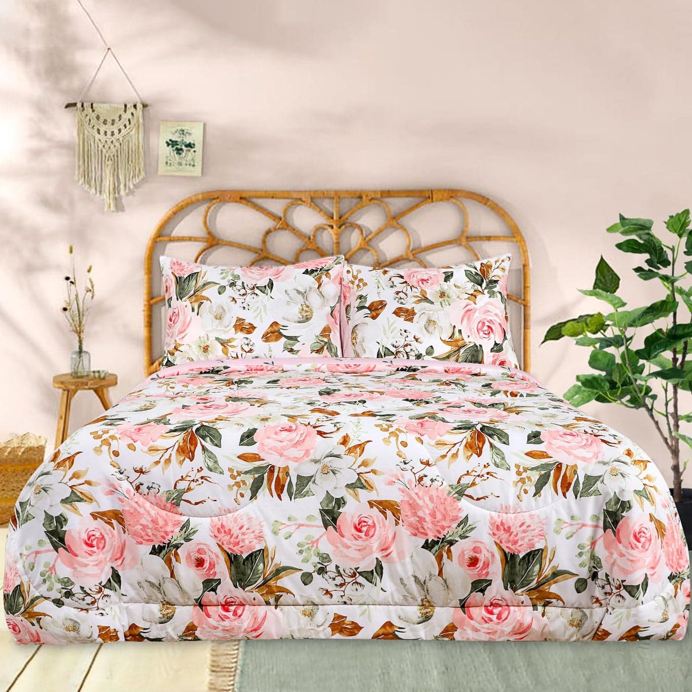DILIMI Twin Comforter Set for Girls Reversible Pink Floral Twin Size Bed 5 Pieces Ultra Soft Twin Bedding Sets with Comforter Flat Sheet Fitted Sheet 2 Pillowcase