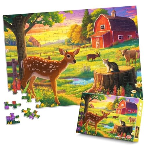 100 Pieces Jigsaw Puzzles for Adults Deer Cat Puzzles for Kids Ages 46 68 810 1012 Kids Learning Educational Puzzle Toys for Boys and Girls Farm Kitten and Cow