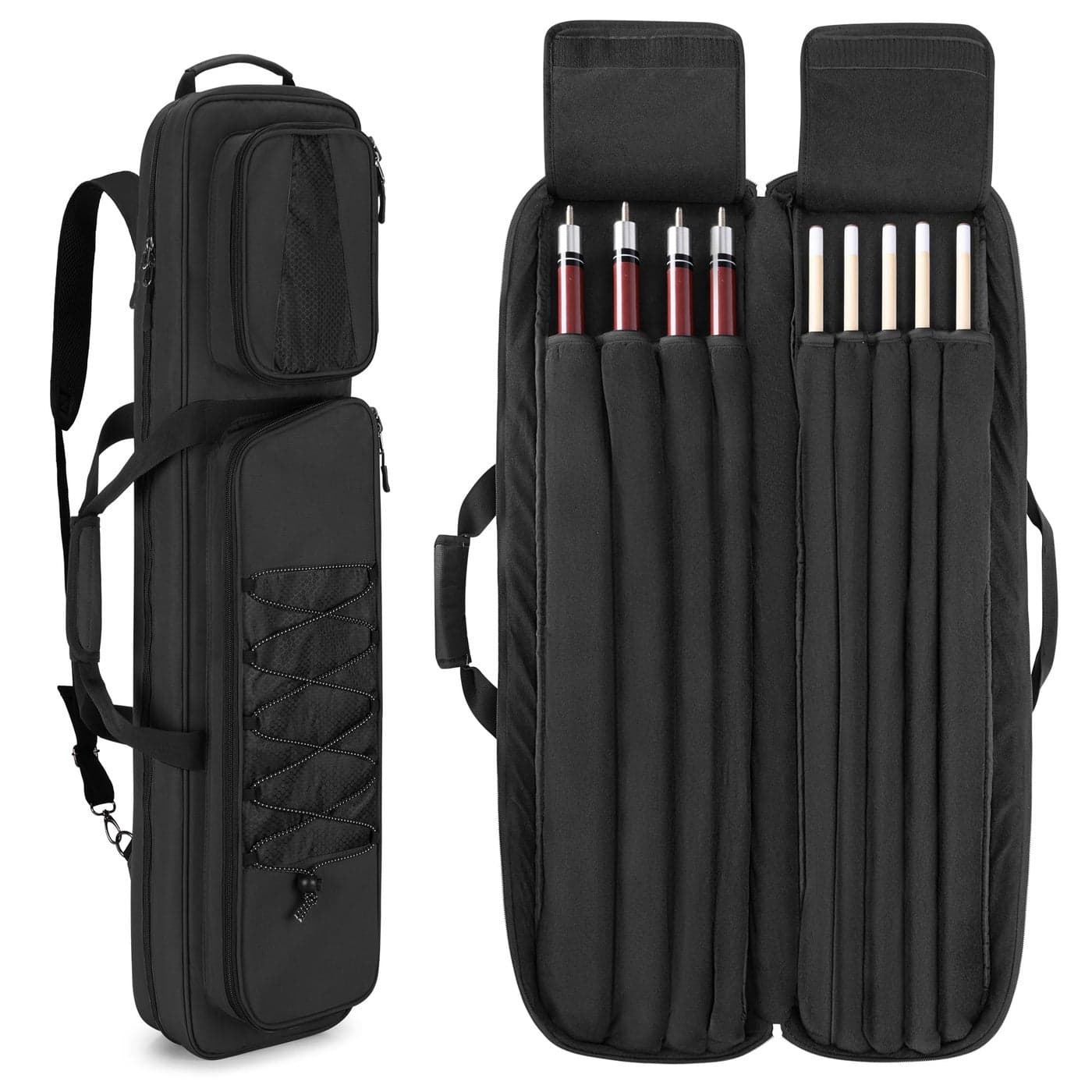 GOBUROS 4x5 Pool Cue Case Billiard Stick Carrying Case Holds 4 Butts and 5 Shafts Soft Pool Stick Bag with Large Front Accessories Pockets and Shoulder Strap for Easy Carry Black