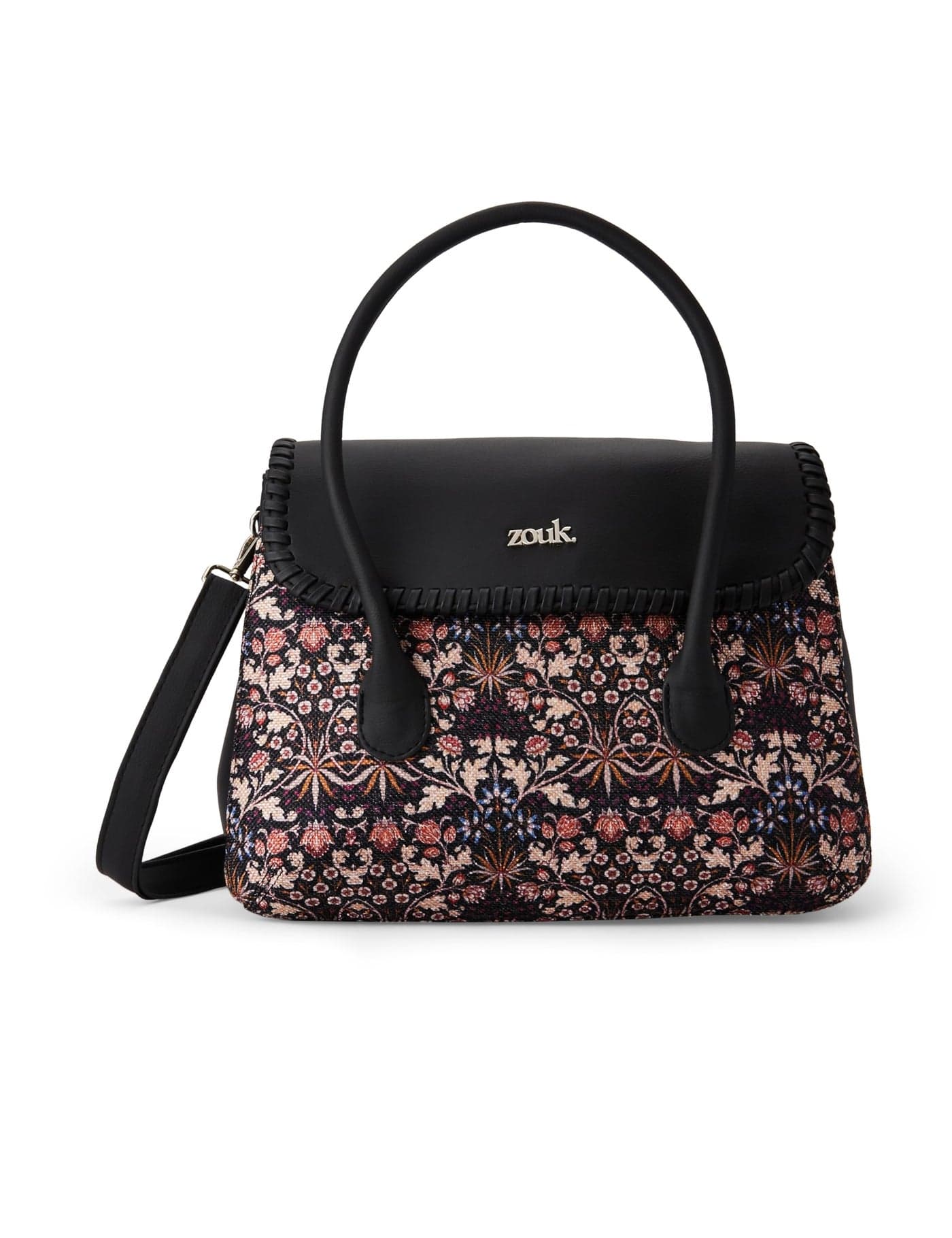 ZOUK Kashmir Blooms Floral Printed Jute Handcrafted Vegan Leather Multicolor Women's Satchel Bag | Ladies Purse Handbag | Double Handle Detachable Strap