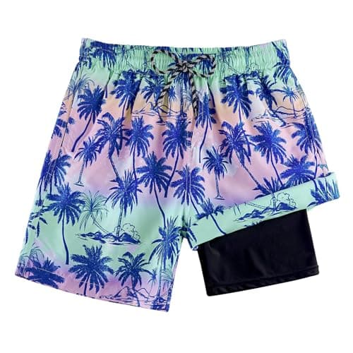 Cozople Boy's Blue Palm Tree Graphic Swimming Trunks Boxer Brief Liner Compression Anti Chafe Bathing Suit for Big Boys No Mesh Lining Beach Board Shorts with Pockets