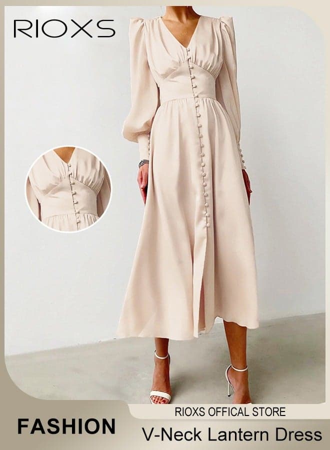 Women's V-neck Long Lantern Sleeve Satin Maxi Dress, Elegant High Waist A-line Button Down Long Dress, Vintage Soft Breathable Dress for Ladies, Perfect for Casual, Wedding, Party, Dating, Work and Daily Life, Bege