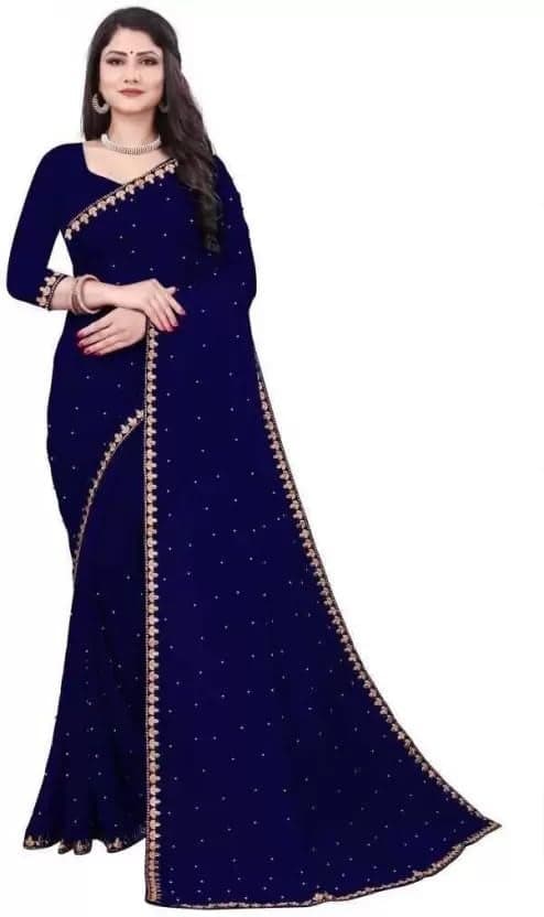 SAADHVI Florence Women's Blue Cotton Blend Printed Lace Work Saree with Unstitched Blouse | Sophisticated and Stylish | Soft Fabric for Comfort and Durability | Ideal for Celebrations and Gatherings