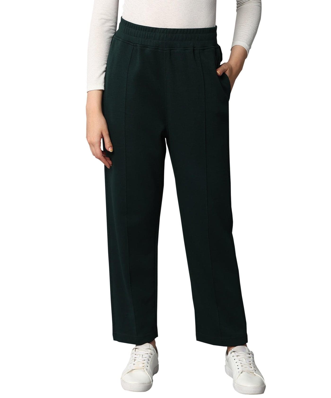 Alan Jones Clothing Women Mid Rise Trousers | Straight Fit With Pin Tucks | Side Pockets | Concealed Drawstring Waist | Stretch Fabric (Dark Green_2Xl)